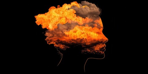 Fiery Head Silhouette Against Black Background