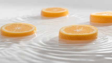 Slices of orange float on calm water with ripple effect creating artistic composition