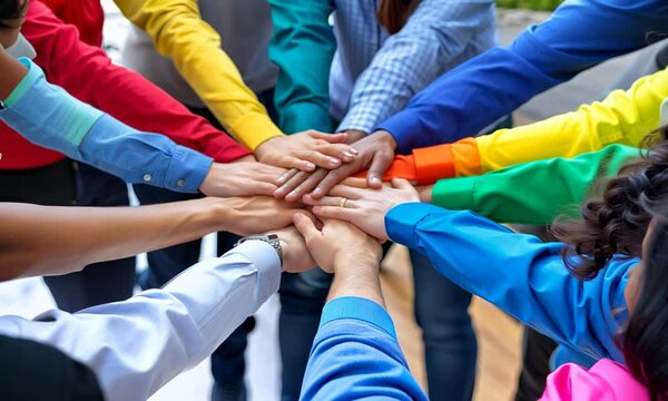 concetto di assistenza nelle comunit&agrave; lgbtq+, mani che si uniscono in cerchio simbolico e colorato