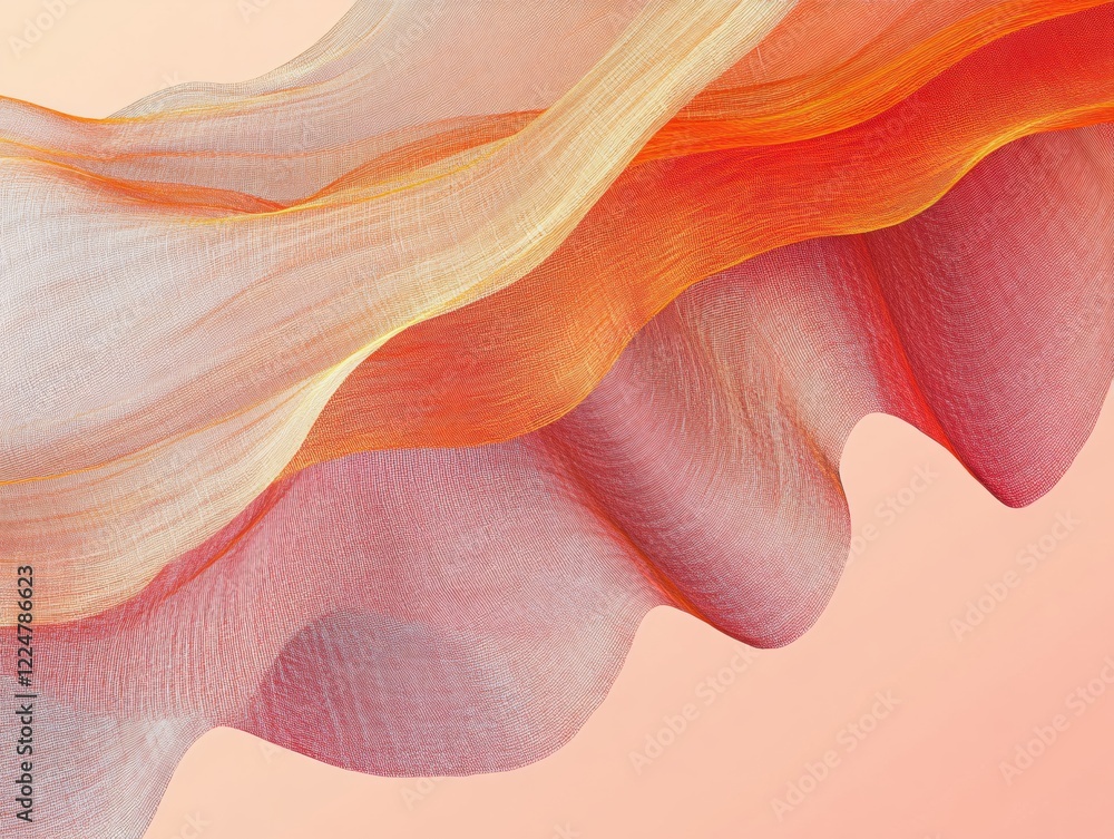 Poster abstract flowing fabric in orange and red hues with a light background in a soft style