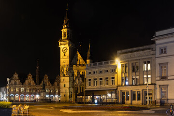 Fototapeta premium Night time view of the main market square (Grote Markt) in Aalst, East Flanders, Belgium. Copy space above.