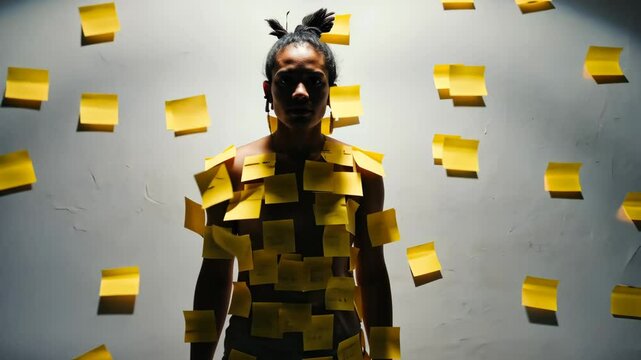 Creative concept with woman covered in sticky notes, symbolic representation of overload and stress. Productivity, organization, and memory aid in a surreal artistic setting