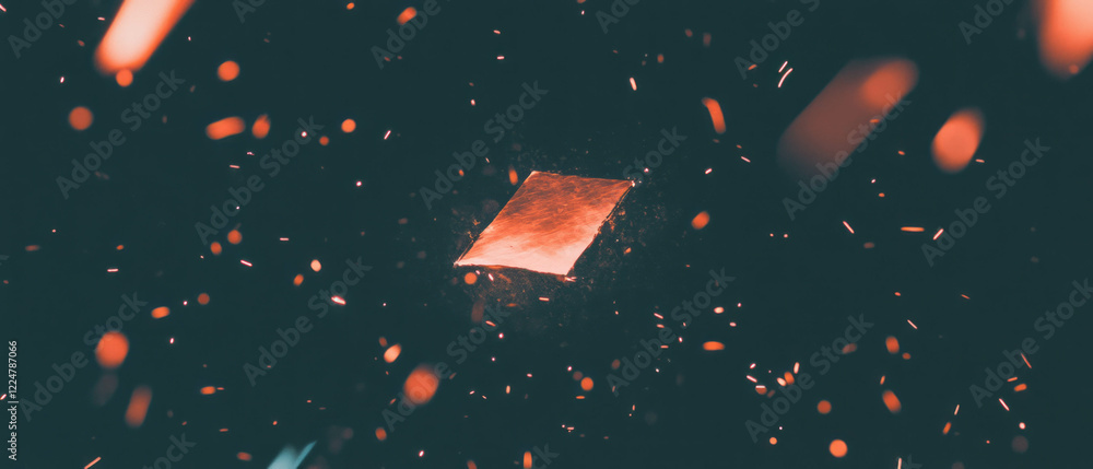 Aufkleber abstract geometric shapes and fire sparks create artistic composition on dark background