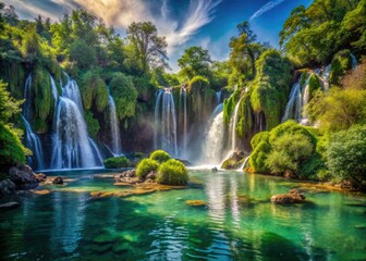 Naklejka premium Bosnia's Kravice Waterfalls: a stunning high-resolution cascade, captured with deep depth of field.