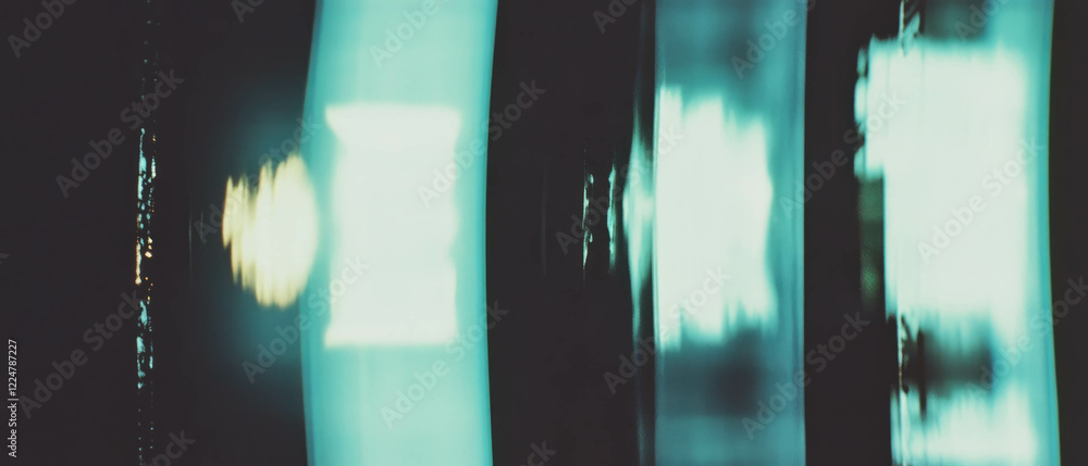 Poster overlay texture presents an abstract representation of film with symbolic elements in central space