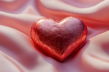 A luxurious heart-shaped chocolate wrapped in shiny red foil, resting on soft, elegant pink silk fabric.