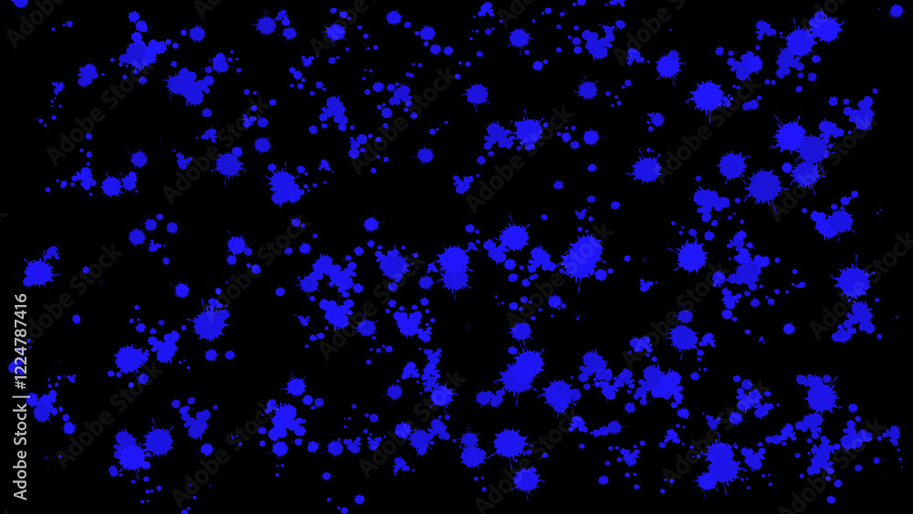 Poster vivid blue ink splatters on a dark background, creating a bold and dynamic abstract design