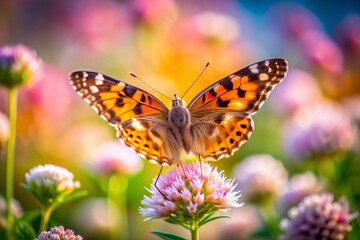 Fototapeta premium Miniature American Lady Butterfly on Wildflower, Tilt-Shift Photography
