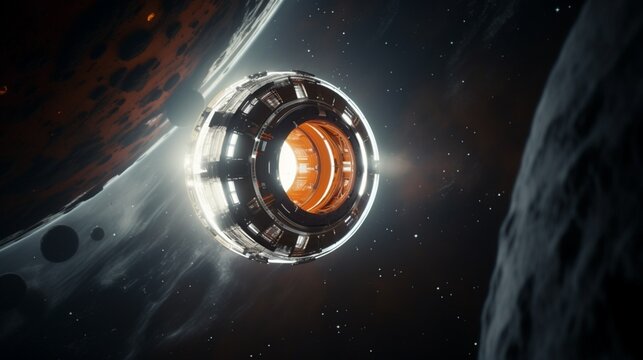 A white and orange spherical spacecraft cruises through the interstellar space, featuring a beautiful composition and cinematic aestetics