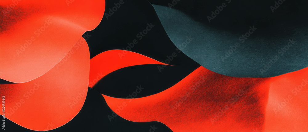 Poster artistic design featuring abstract shapes and textures against a black backdrop