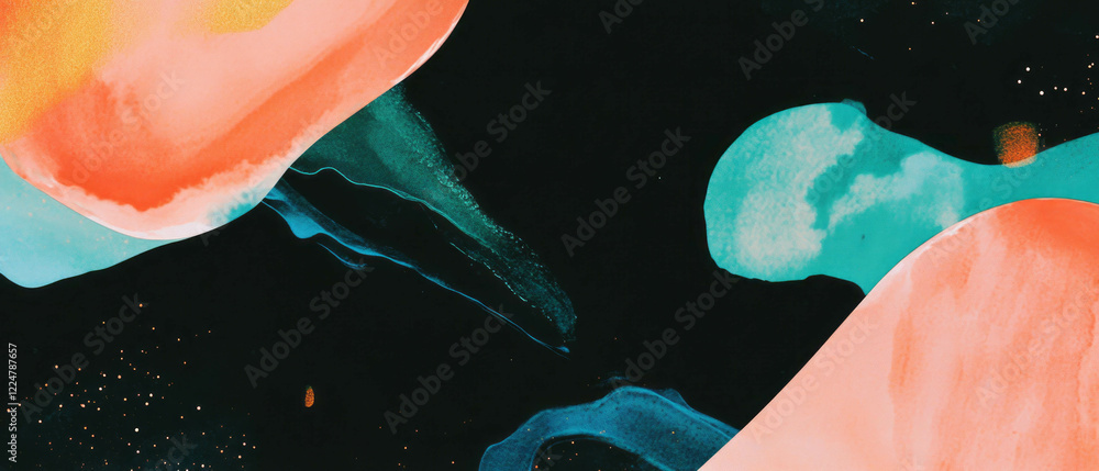 Aufkleber dynamic arrangement of abstract shapes and watercolor textures on a black background