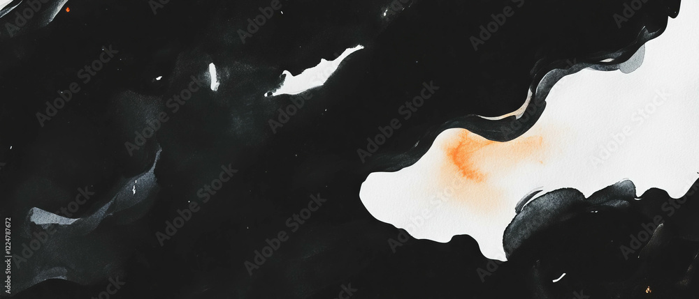 Poster unique abstract shapes and watercolor washes against a dark background with central space