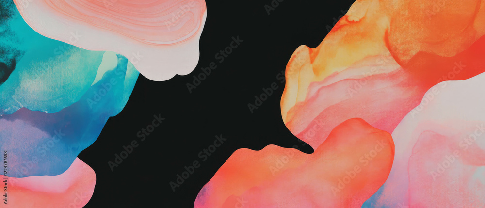 Poster colorful abstract shapes and watercolor washes create a striking contrast on a black background