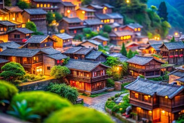 Fototapeta premium Miniature Asian Village: Charming Wooden Houses & Stone Street - Tilt-Shift Photography