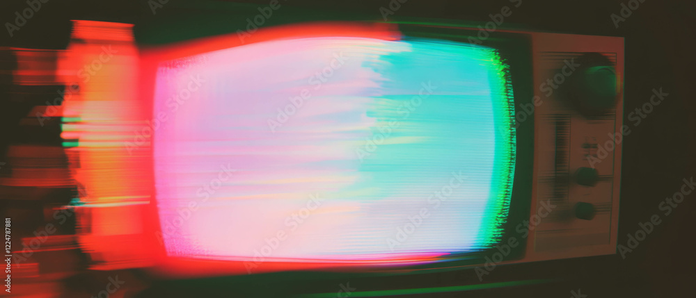 Poster Distorted colors of analog TV screen with poor signal quality on black background