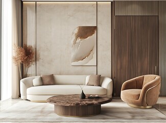 Modern living room with beige and brown interior, sofa and armchair near a wooden cabinet, 