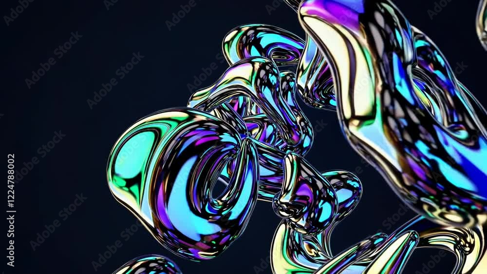 Poster abstract liquid metal shapes bending and warping under changing color reflections, evoking a futuris