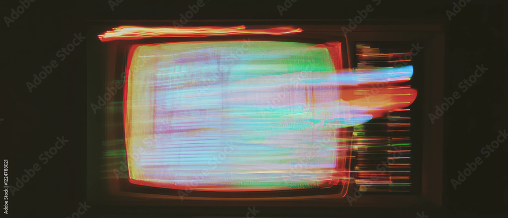 Poster overlay texture of analog tv screen with distortion and vibrant colors against dark background