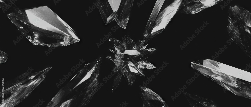 Poster angular broken glass shards create a striking central focal point against a black background