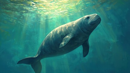 Obraz premium Gentle Manatee Gracefully Swimming Underwater in Sunlit Ocean