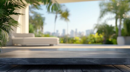 Empty Wooden Table Top with Blurred Luxury Tropical Background