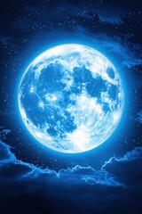 Full moon glowing bright in a dark blue night sky with stars and clouds creating a serene scene