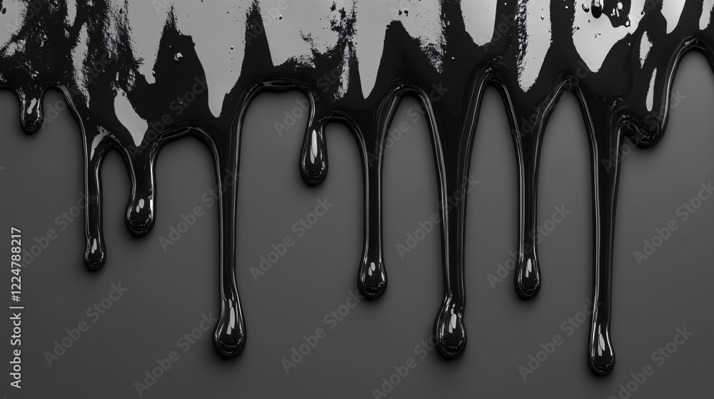 Poster black liquid dripping down a gray surface creating a smooth and glossy texture with reflections