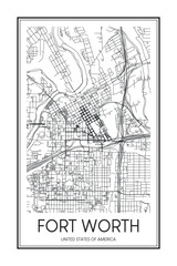 Obraz premium Printable downtown road map poster of the USA city of FORT WORTH on solid white background with city name