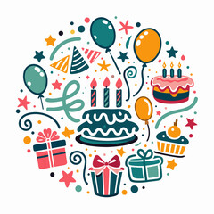 Colorful birthday party elements in a circle. (2)