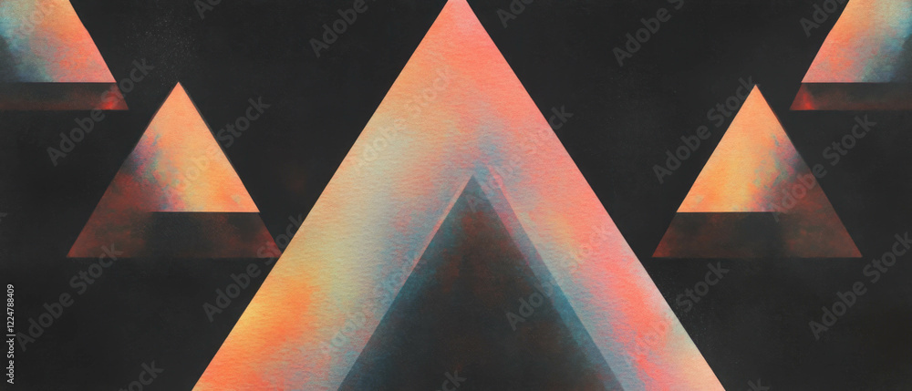 Poster Angular triangular watercolor forms with sharp geometric design on black background