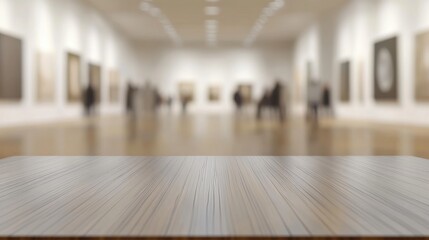 Empty Wooden Tabletop in Blurred Art Gallery Background