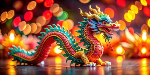 Fototapeta premium Miniature Chinese New Year Dragon Paper Craft, Tilt-Shift Festive Celebration