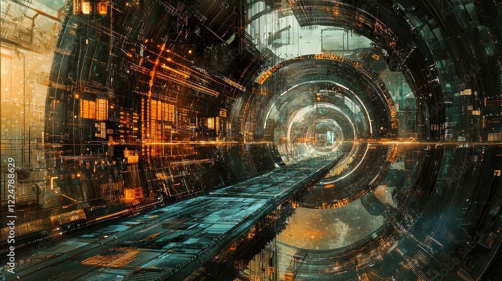 Poster exploring digital networks technology's influence in cyberspace background