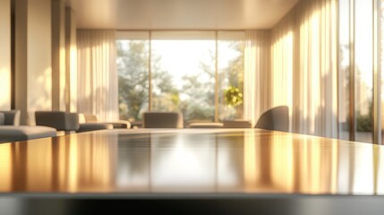 Fototapeta premium Sunlit Modern Living Room with Polished Table and Outdoor View