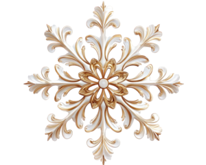 Stylized snowflake with curved edges, featuring intricate floral designs in white and gold. This elegant decoration adds touch of sophistication to any winter theme