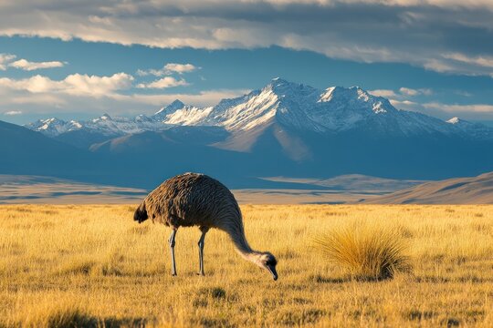 A tranquil shot of a rhea bird grazing in the pampas grasslands, with distant Andes mountains in the background.