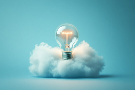 Light bulb soaring in cloudy skies, symbolizing creativity and inspiration.