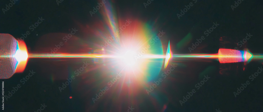 Poster bright lens flares create a retro aesthetic against a dark background