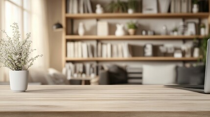 Fototapeta premium Modern Wooden Desk with Laptop and Flowers - Cozy Home Office Background