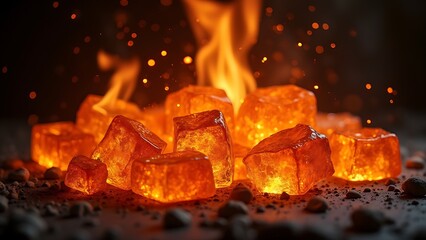 burning amber intense flames sparks dark