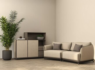 Modern living room with beige and brown tones, featuring a sofa and armchair next to a cabinet 