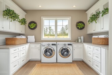 Clean and Modern Laundry Room with White Cabinets and Organization