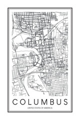 Printable downtown road map poster of the USA city of COLUMBUS on solid white background with city name