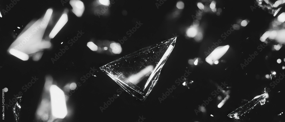 Poster Overlay texture of broken glass with sharp points on a dark background for creative designs