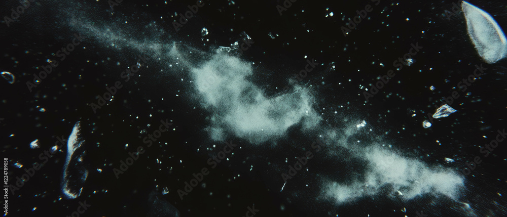 Poster overlay texture of broken glass with dust creating abstract art on a black background