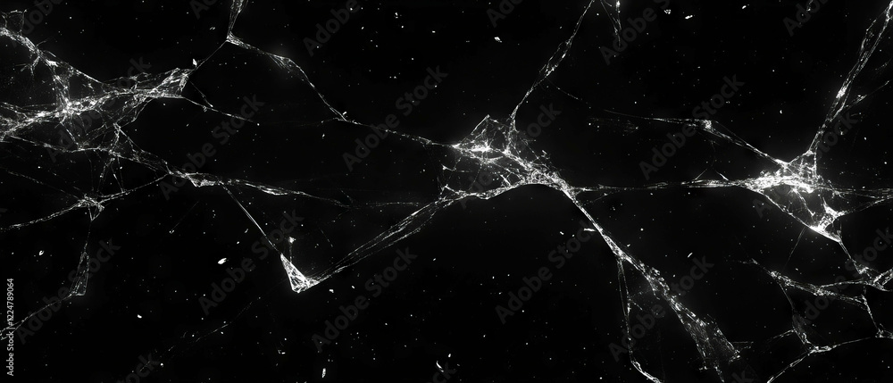 Poster broken glass texture with spiderweb cracks against a dark background revealing intricate patterns