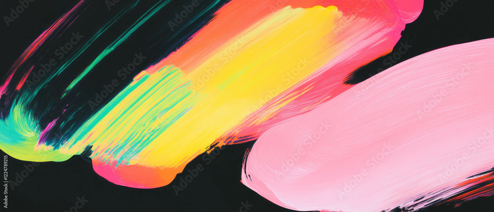 Poster brushstrokes create vibrant abstract shapes with artistic flair on a black background