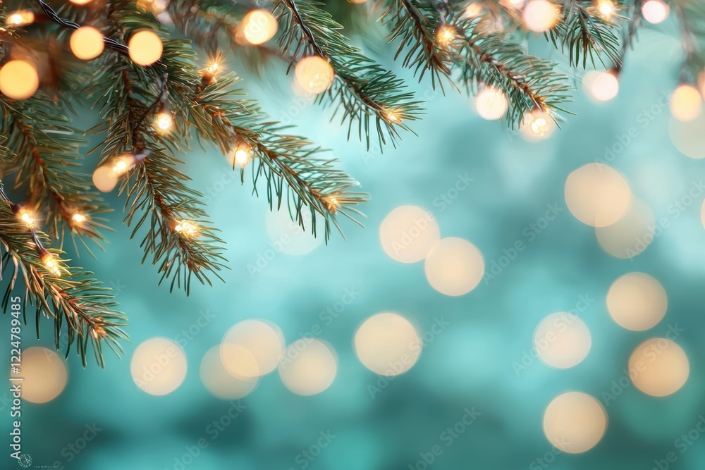 Poster glowing tree branch with warm lights and teal bokeh background