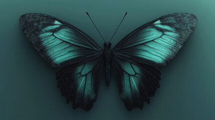 A butterfly with bold black wings blending into soft teal tips, edges decorated with fine shimmering particles, wings gently arched in symmetry