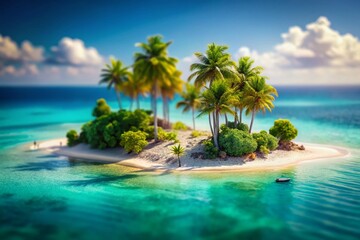 Naklejka premium Miniature Desert Island Paradise: Tilt-Shift Photography of Secluded Tropical Island